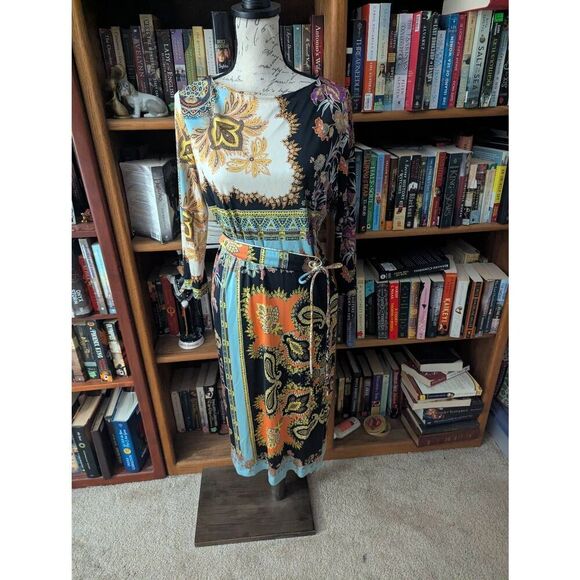 Etro Milano Women's Size 44 Black Silk Multi Printed Jersey Midi Dress Italy - Picture 1 of 9